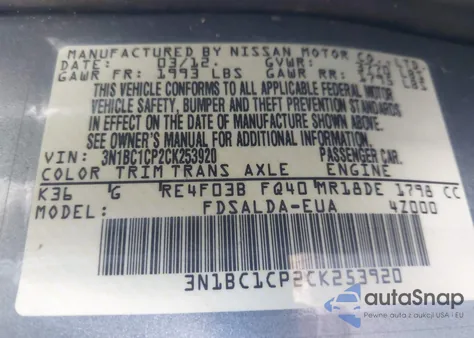 2012 Nissan Versa 1.8 S z USA, uszkodzony, nr VIN 3N1BC1CP2CK253920